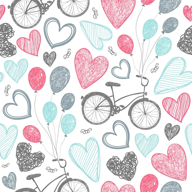 ベクトル手描きのロマンチックなシームレスパターン。自転車、ハートの落書きスタイル、黒と白のヴィンテージの背景。結婚式、バレンタインデー