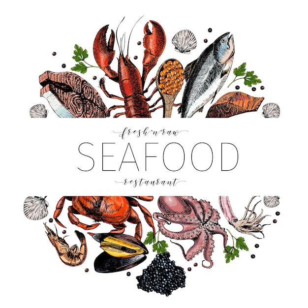 Vector vector hand drawn seafood colored banner