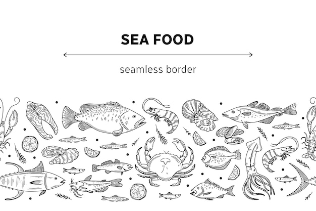 Вектор рука нарисованные морепродукты бесшовные границы с мидии рыбы лосось и креветки