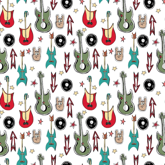 Vector hand drawn seamless pattern Punk rock attributes skulls stars vinyls guitars zombie