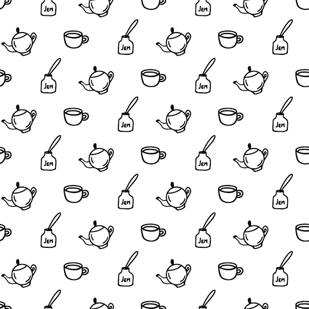 Vector hand drawn seamless pattern with cup teapot jar of jam icons on white background Doodle coffee pot mug jam jar wrap in line art style for a cafe decor Adult and kids coloring page
