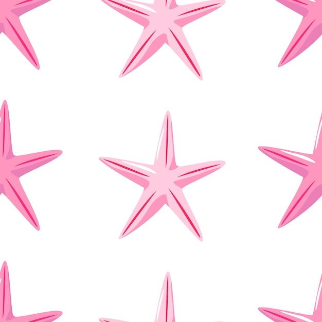 Vector hand-drawn seamless repeating simple pattern with pink starfish on a white background.