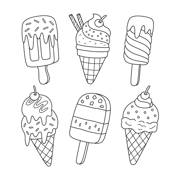 Vector hand drawn set of kawaii ice cream coloring book illustration