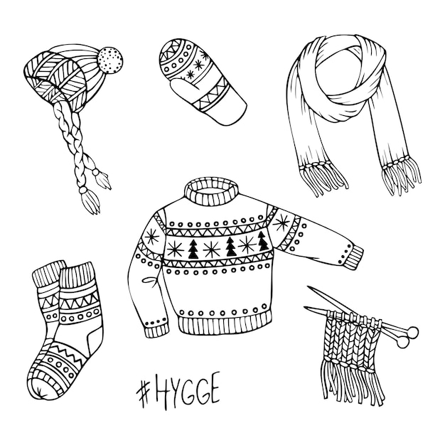 Vector hand-drawn set of knitted clothes.