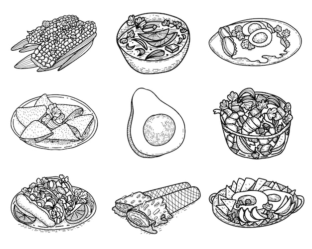 メキシコ料理のベクトル手描きセット