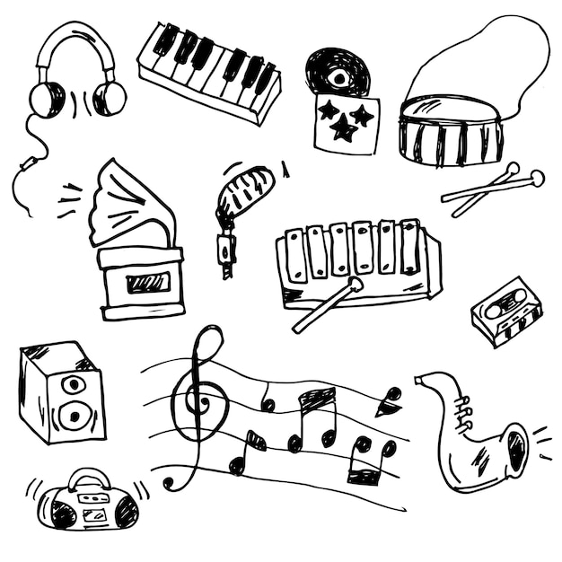 Vector hand drawn set of musical icons or musical instruments