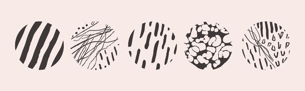 Vector hand drawn set with round isolated abstract black patterns or backgrounds Various doodle