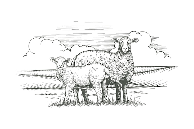 Vector hand drawn sheep illustration farm animal sketch in sketch style mother sheep and her child