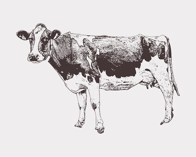 벡터 손으로 그린 스케치 암소 제품. 암소의 빈티지 그림입니다. 빈티지 암소 라인입니다. 유기농 우유