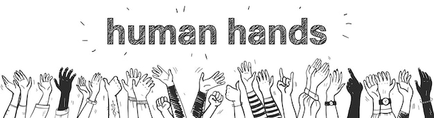 Vector hand drawn sketch style illustration with black colored human hands different skin colors