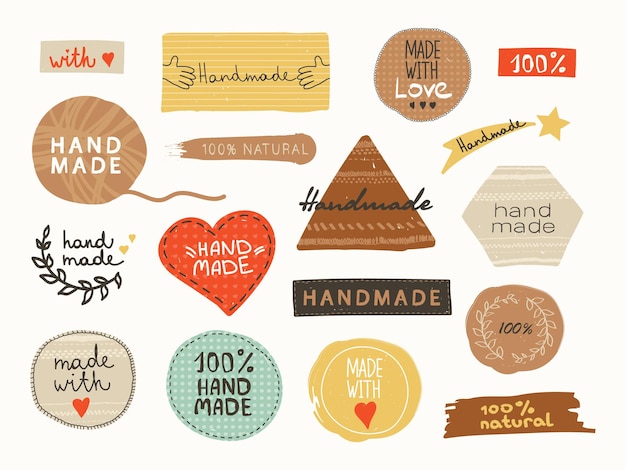 Vector hand drawn stickers and labels with lettering hand made made with love 100 natural Handicraft Crafts Tags Perfect for your design