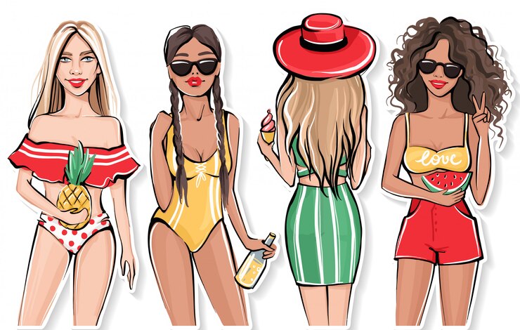 Vector vector hand drawn summer girls. cute tanned girlfriends in trendy outfit.