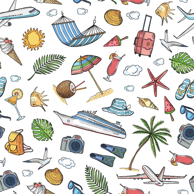 Vector hand drawn summer travel elements background or pattern illustration