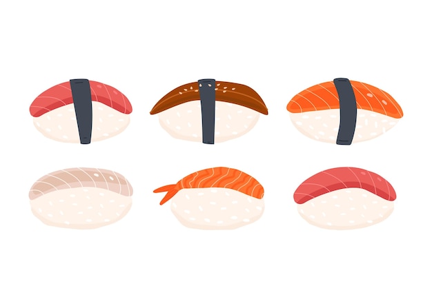 Vector hand-drawn sushi set with shrimp, eel, salmon, tuna and white fish.