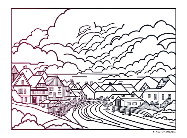 Vector vector hand drawn village houses sketch and nature line art coloring page