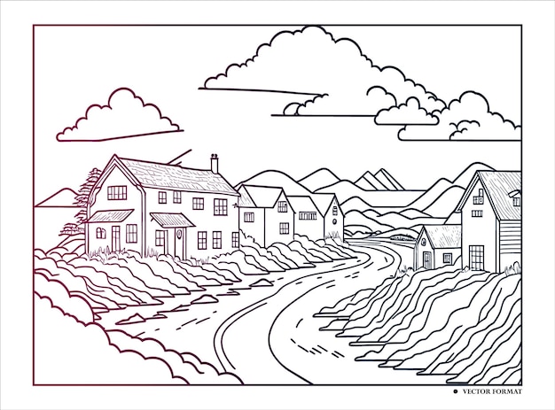 Vector hand drawn village houses sketch and nature line art coloring page