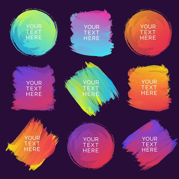 Vector hand drawn watercolor brush strokes set of different shapes and gradient colors isolated on black background Illustration 10 eps