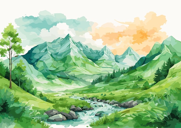 Vector hand drawn watercolor mountain landscape