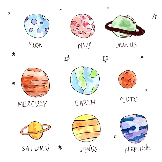 Vector hand drawn watercolor planets collection