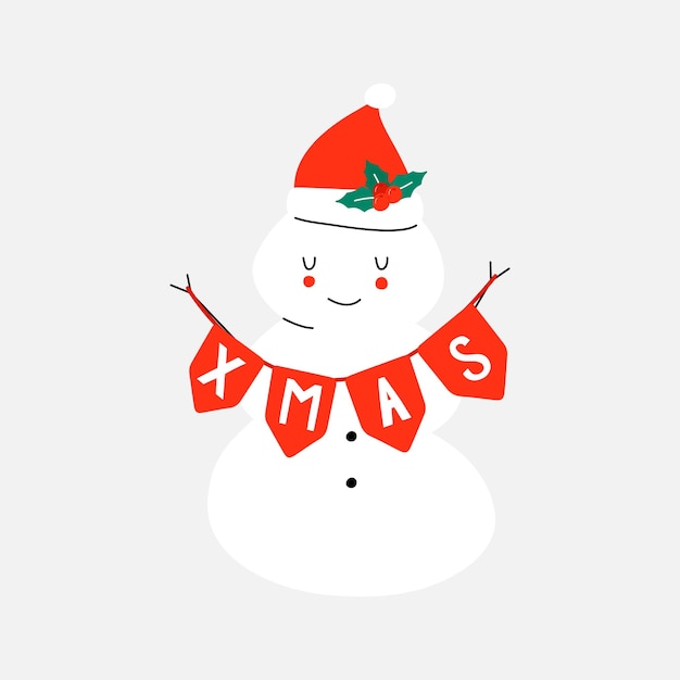 Vector hand drawn winter illustration of a snowman with a carrot and a Santa hat.