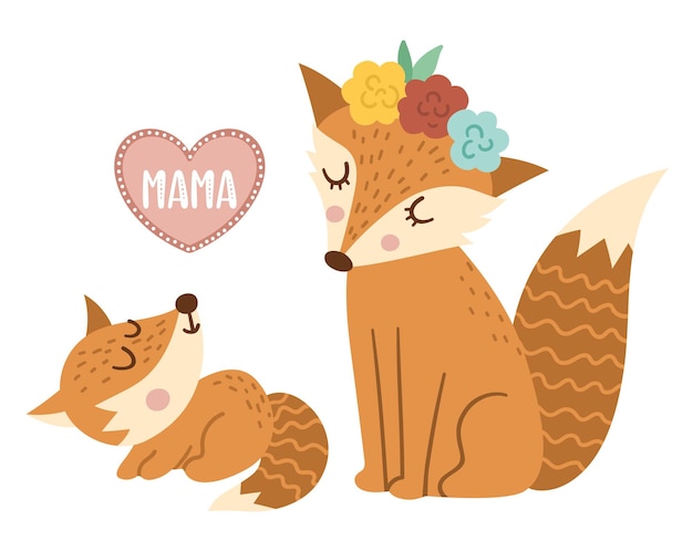 Vector hand getekende baby fox met ouder geïsoleerd op wit grappige Boheemse stijl bos dierlijke scène weergegeven: familie liefde schattig boho bos illustratie voor kaart print briefpapier designxA