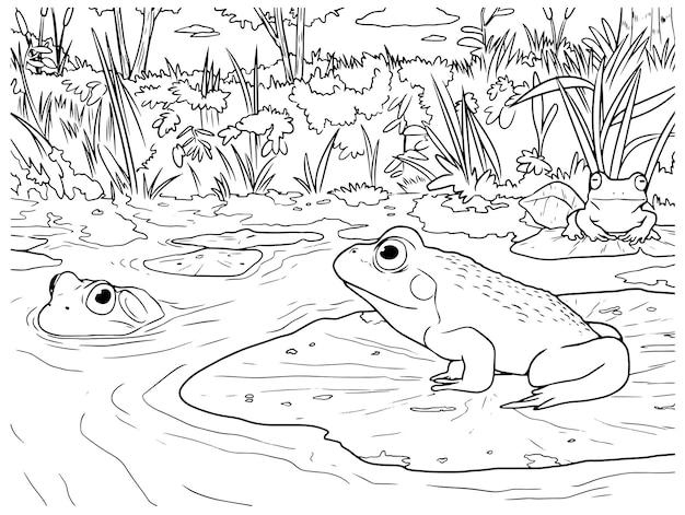 Vector hand getekende habitat kikker op waterlelie overzicht illustratie