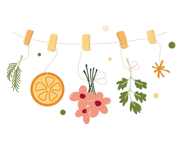 Vector hand getekende illustratie gedroogde bloemen gezellig huisdecor voor muur met bloemen en fruit