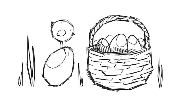 Vector hand getekende illustratie in cartoon stijl met grote eieren mand kleine meid die ernaar staart