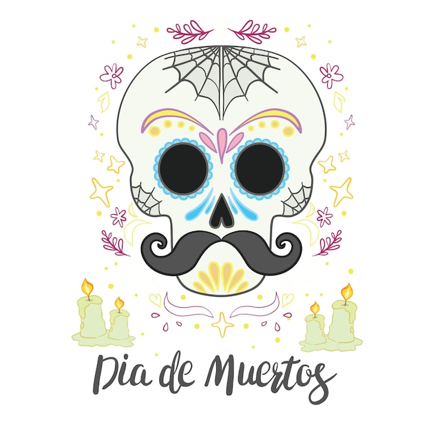 Vector hand getekende illustratie van Mexicaanse vakantie dag van de doden de ansichtkaart met traditionele suiker schedels Goudsbloem bloemen en kaarsen en belettering Dia de Muertos