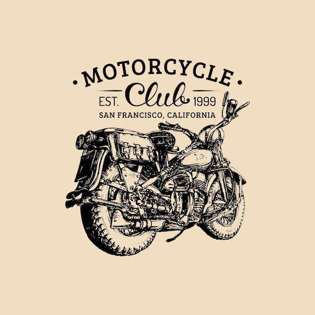 Vector hand getekende motorfiets club logo Vintage gedetailleerde retro fiets illustratie in inkt stijl voor chopper bedrijf winkel aangepaste garage label tshirt afdrukken enz