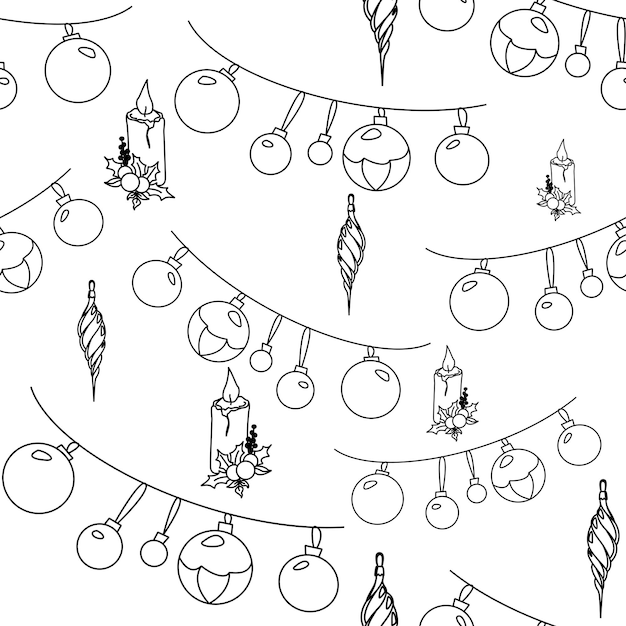 Vector hand getekende naadloze patroon Kerst winter doodle elementen geïsoleerd op een witte achtergrond Bomen kransen presenteert snoep peperkoek Voor achtergrond afdrukken textielstoffen geschenkzakken