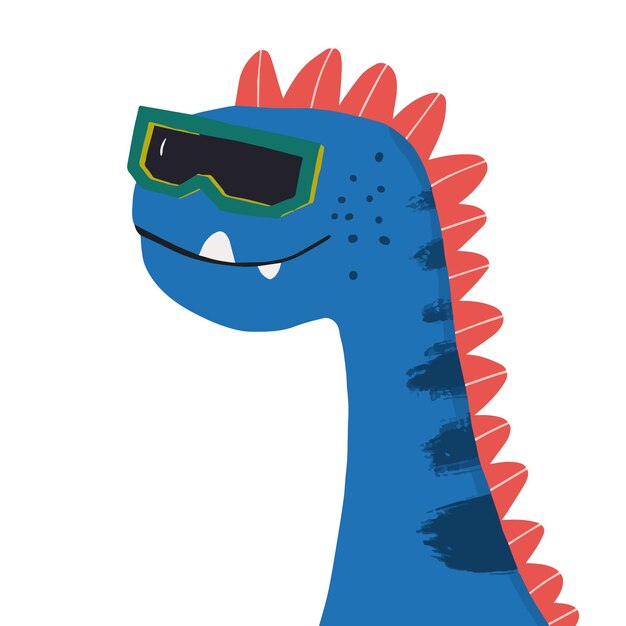Vector hand getekende schattige dinosaurus met zonnebril Blauwe schattige Dino voor banner print kaart cadeau stof web label reclame kaart stof Kinderachtige illustraties Cartoon