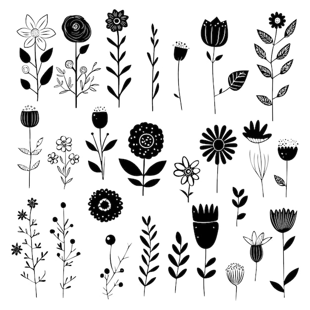 Vector vector hand getrokken floral elementen bloem en bladeren in doodle stijl vintage bloemen doodle collectie voor bruiloft kaart uitnodiging wenskaart poster of ansichtkaart ontwerp