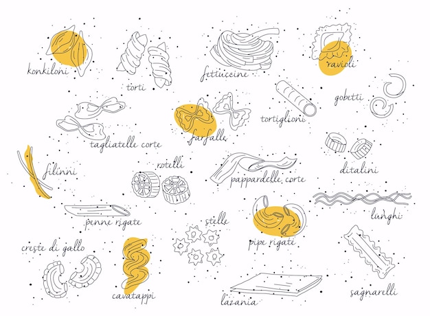 Vector hand getrokken pasta set vintage lijn kunst illustratie