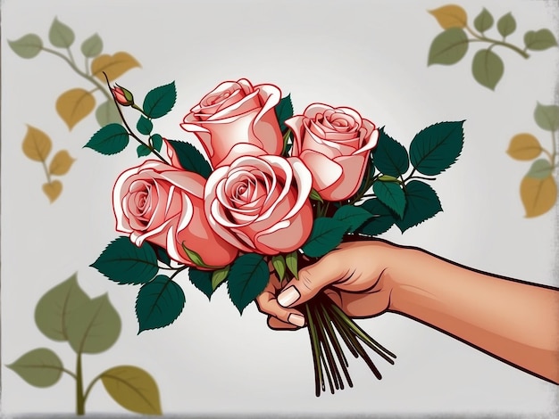 Vector of a hand holding a bouquet of roses