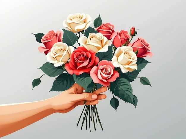 Vettore di una mano che tiene un bouquet di rose