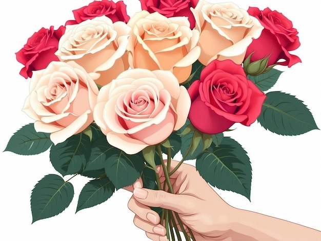 Vector of a hand holding a bouquet of roses