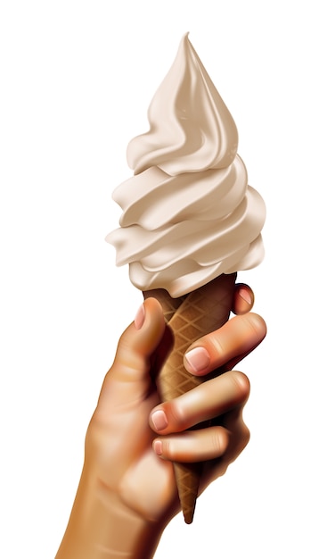 Vector vector hand holding frozen yogurt or soft ice cream in the wafer cone.