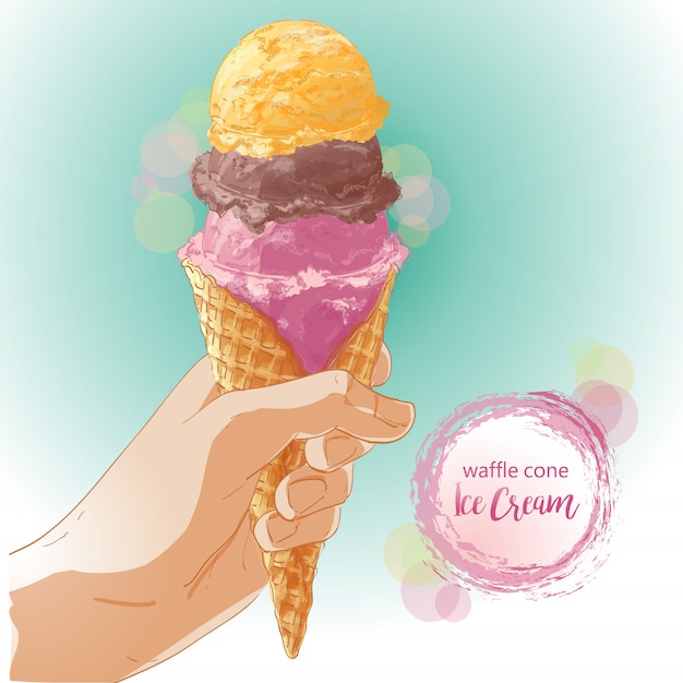 Vector Hand holding ice cream in waffle cone