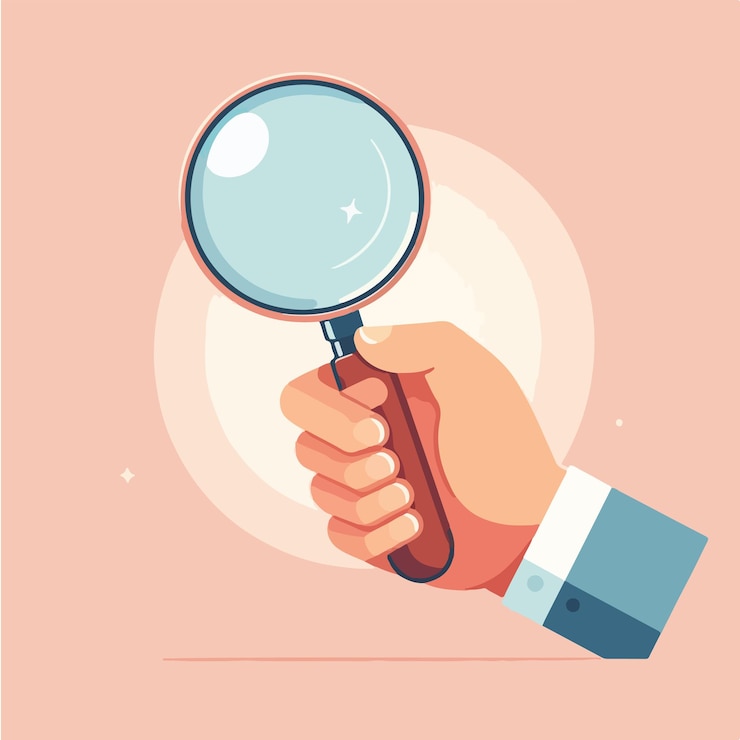 Vector vector hand holding a magnifying glass with a simple flat design style