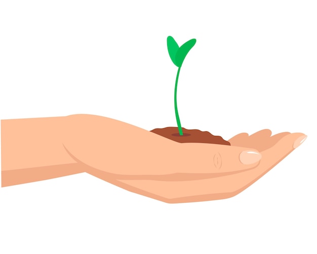 A vector hand holds a handful of earth with a young green sprout