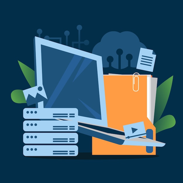 vector hand illustration cyber security cloud server data file laptop