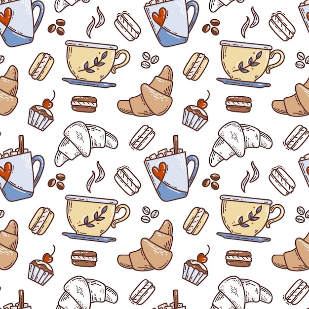 Vector vector hand sketch tea or coffee seamless pattern cup and mug coffee beans macaroons cake croissants