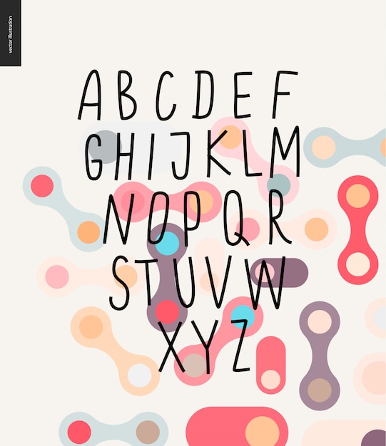 Vector vector hand written latin alphabet on patterned background with round shapes