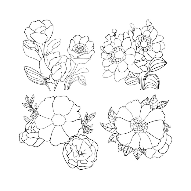 Vector handdrawn cartoon pink flower Peony flower lines thick and connected Park and garden flowers Flower tattoo isolated on a white background