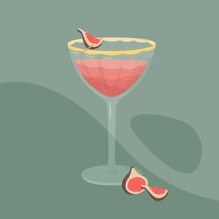 Vector vector handdrawn cocktail drinking glass with pink drink and fig fruit.