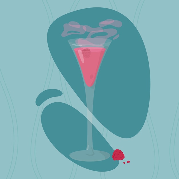 Bicchiere da cocktail disegnato a mano vettoriale con bevanda rossa rosa e lampone.