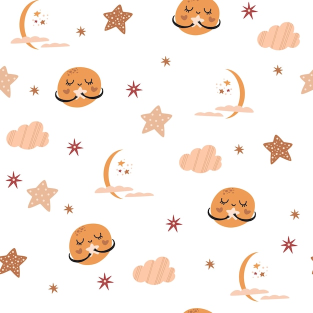 Vector handdrawn color seamless childish simple pattern for kids with cute planets and moons in sca