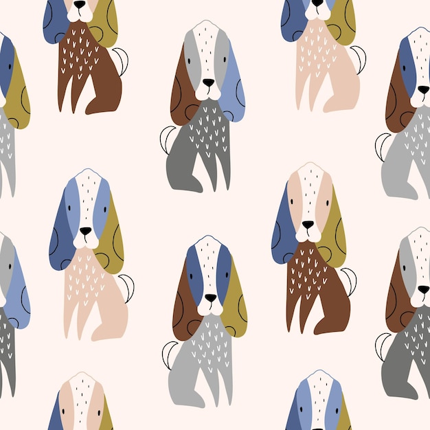 Vector handdrawn color seamless repeating childish simple pattern with cute dogs in Scandinavian style Children's pattern with dogs Dogs print Cute baby animals