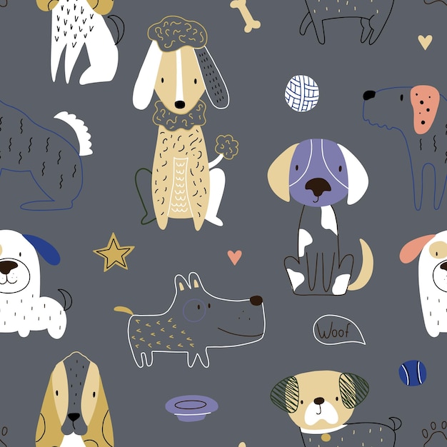 Vector vector handdrawn color seamless repeating childish simple pattern with cute dogs in scandinavian style children's pattern with dogs dogs print cute baby animals